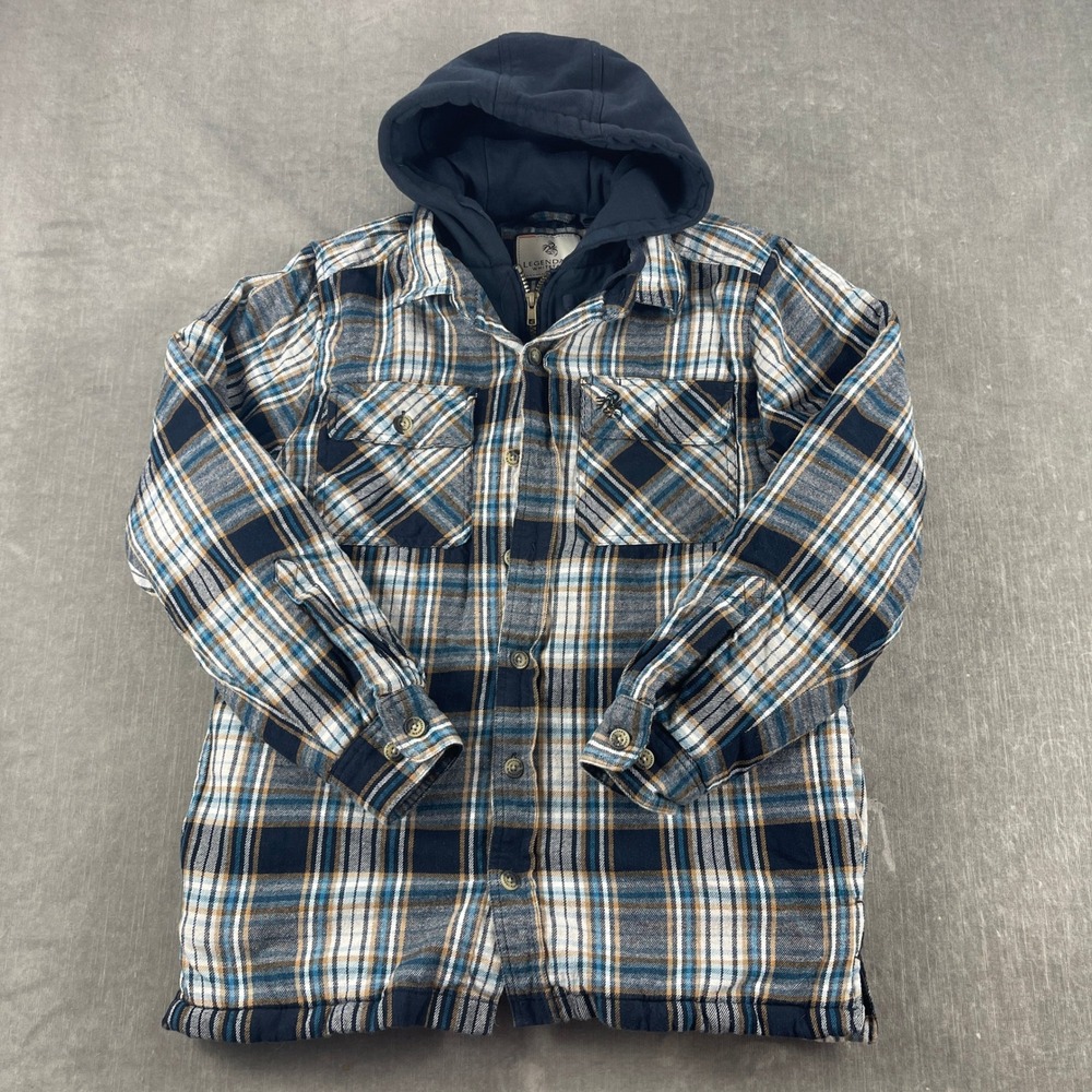 Legendary Whitetails Mens MD Blue Plaid Hooded Flannel Quilted Shirt Jacket